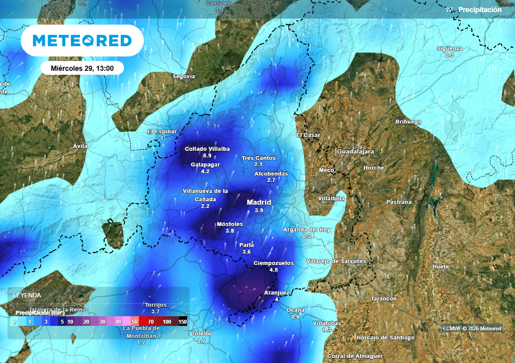 Las precipitaciones serán localmente intensas en el entorno del área Metropolitana y Henares-Madrid en las horas centrales del día.