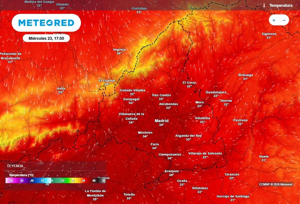 Temperaturas máximas previstas en la Comunidad de Madrid para el próximo miércoles: podrían llegar hasta los 34 ºC.