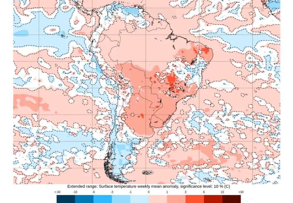 Anomalias de temperatura (°C) previstas pelo ECMWF para a semana entre 05 e 12 de maio. Anomalias de temperatura (°C) previstas pelo ECMWF para a semana entre 05 e 12 de maio.