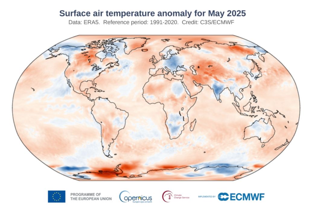 Anomalias globais de temperatura registradas em maio de 2025 na base de dados ERA5. Créditos: adaptado de ECMWF/C3S. Anomalias globais de temperatura registradas em maio de 2025 na base de dados ERA5. Créditos: adaptado de ECMWF/C3S.