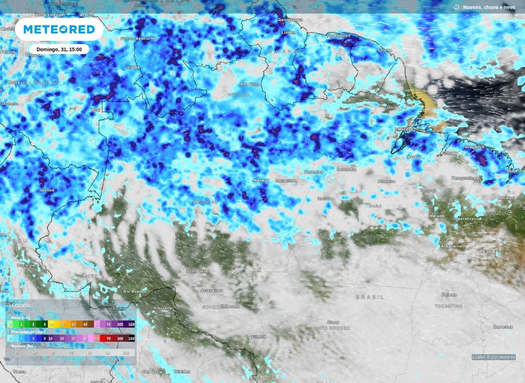 Chuva e nebulosidade prevista para a tarde deste domingo (31) sobre a Região Norte.
