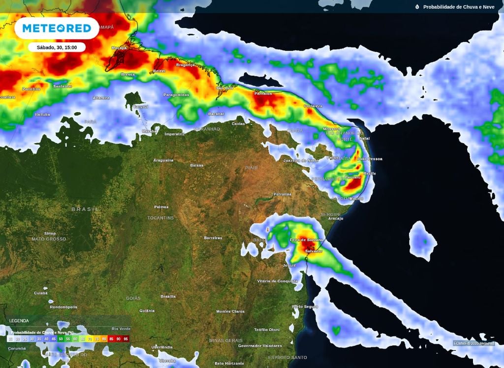 Mapa de probabilidade de precipitação sobre o Nordeste na tarde deste sábado (30).