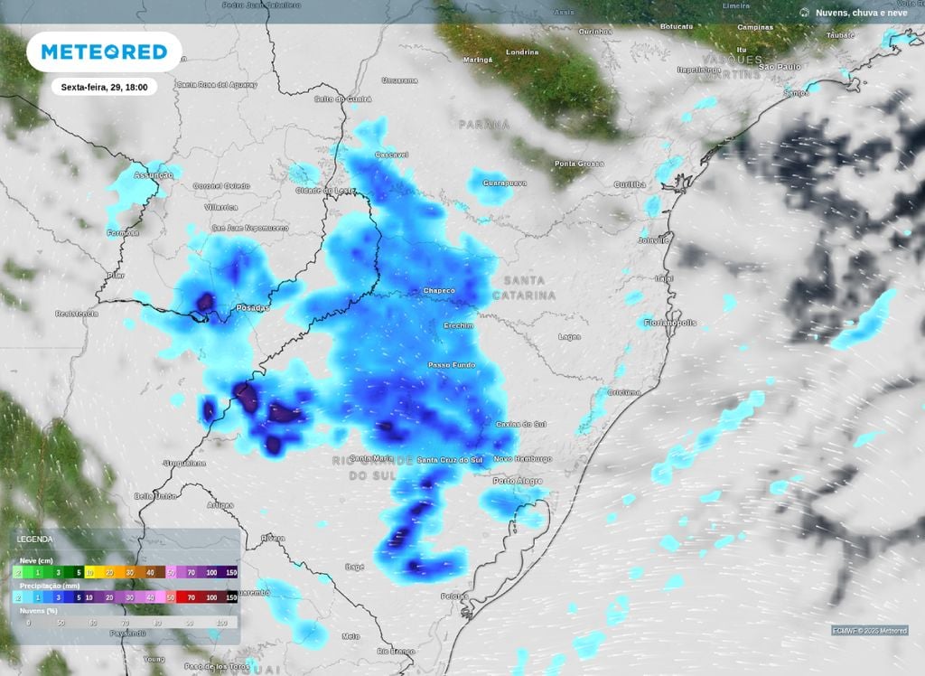 Mapa de precipitação sobre a Região Sul do Brasil, na início da noite de hoje (29).