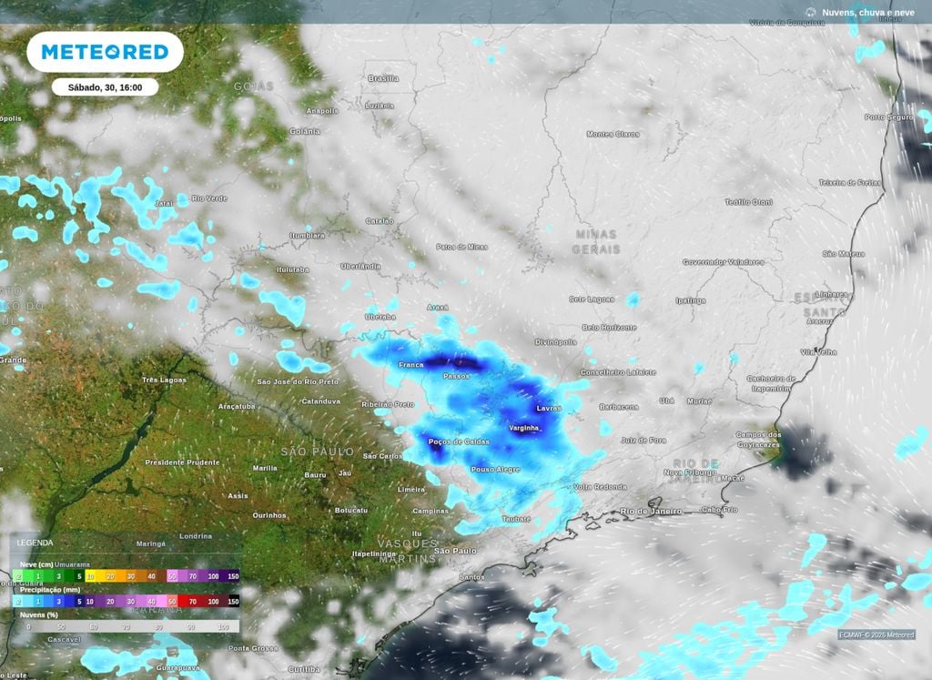 Mapa de nebulosidade e precipitação para este sábado (30).