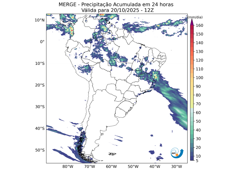 Precipitação acumulada na segunda-feira (20). Créditos: CPTEC/INPE. Precipitação acumulada na segunda-feira (20). Créditos: CPTEC/INPE.