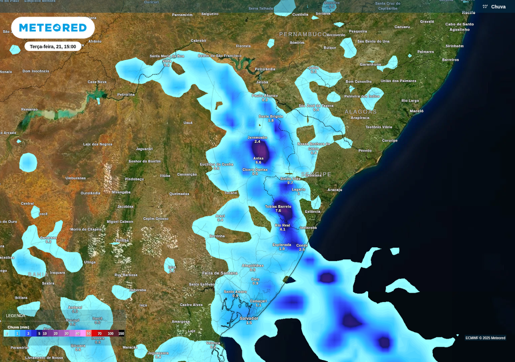 Previsão de chuva terça-feira (21), de acordo com o ECMWF. Previsão de chuva terça-feira (21), de acordo com o ECMWF.