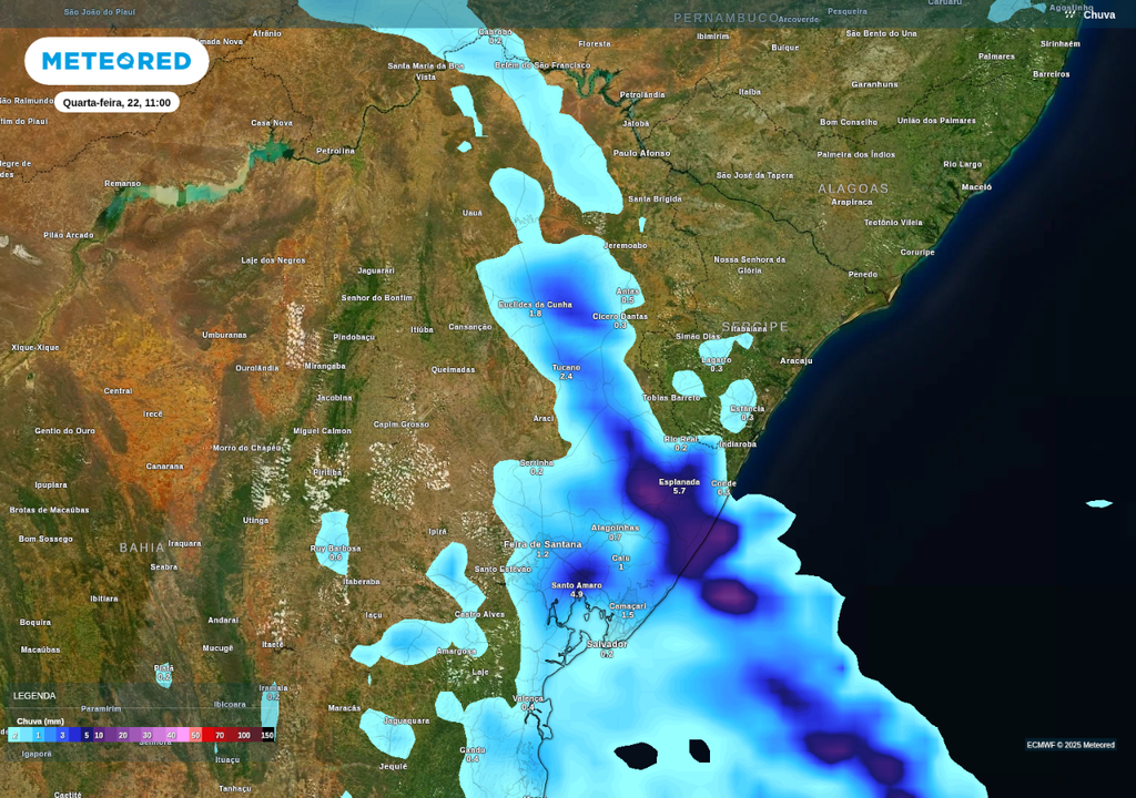 Previsão de chuva nesta quarta-feira (22), de acordo com o ECMWF. Previsão de chuva nesta quarta-feira (22), de acordo com o ECMWF.