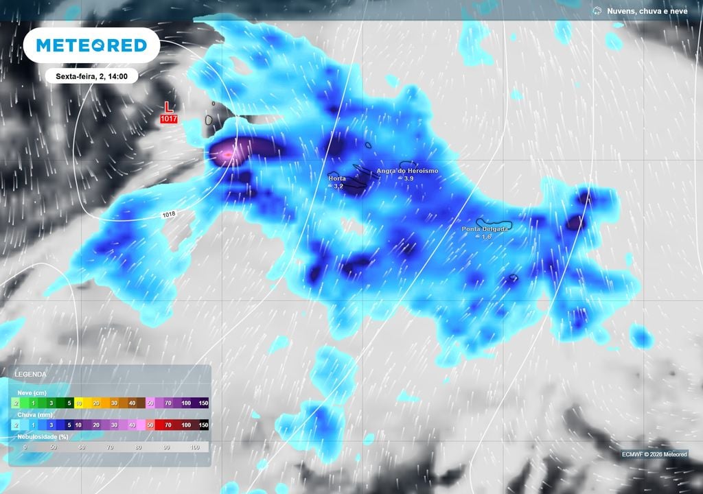Bandas de nebulosidade e precipitação geradas pela instabilidade associada ao sistema pós-tropical Hanna. Mapa de previsão de chuva e nebulosidade desta sexta-feira, 2 de outubro às 14:00, segundo o modelo ECMWF.