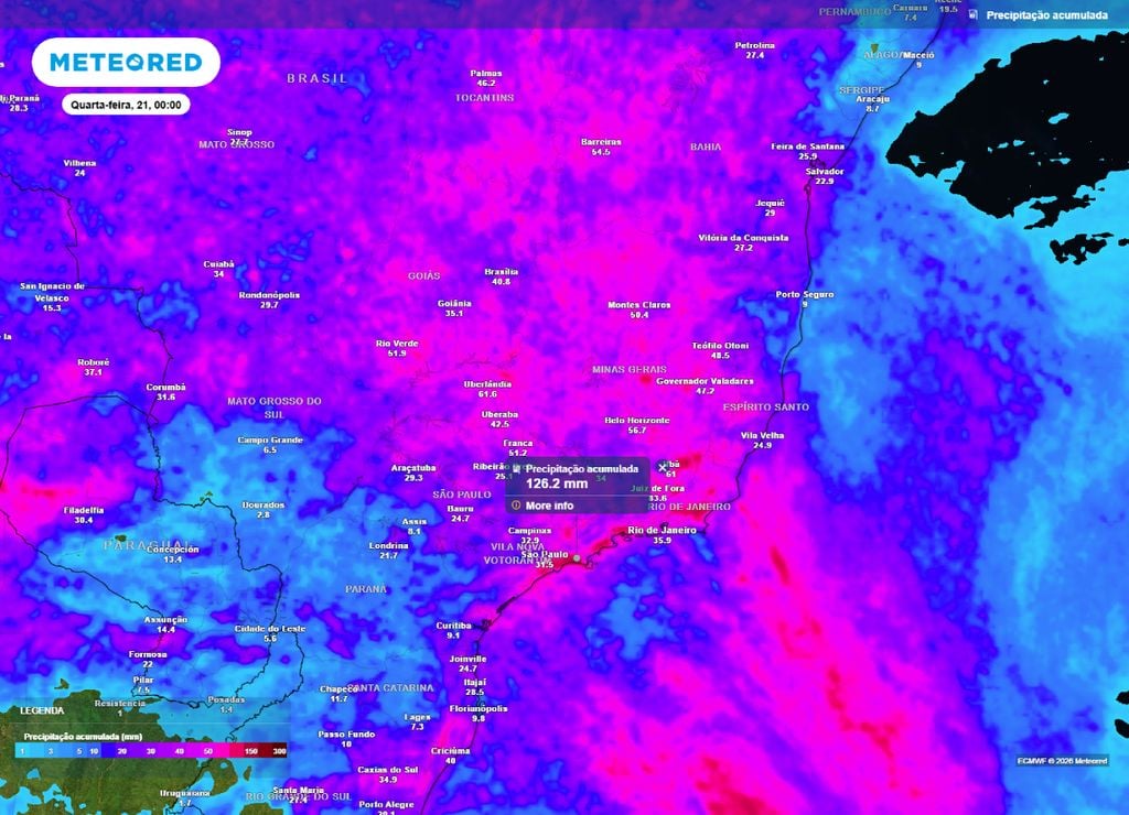 Acumulado de chuva até a terça-feira, 20 de janeiro, pode passar dos 100 mm no leste de São Paulo, no Rio de Janeiro e no sudeste de Minas Gerais.