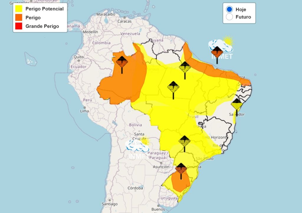 Mapa de alertas emitidos pelo INMET nesta quarta-feira devido à ocorrência de tempestades e chuvas fortes cobre uma porção considerável do país, exceto parte do Sudeste e Nordeste.