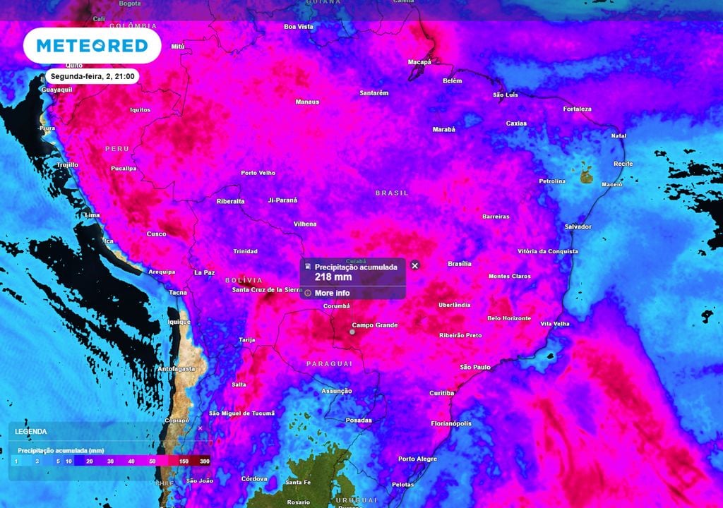 Previsão de acumulados totais de chuva até o final da segunda-feira mostra que vários estados registrarão volumes superiores a 200 mm - incluindo SP, MG, MS, GO, MT, TO, AC e AM