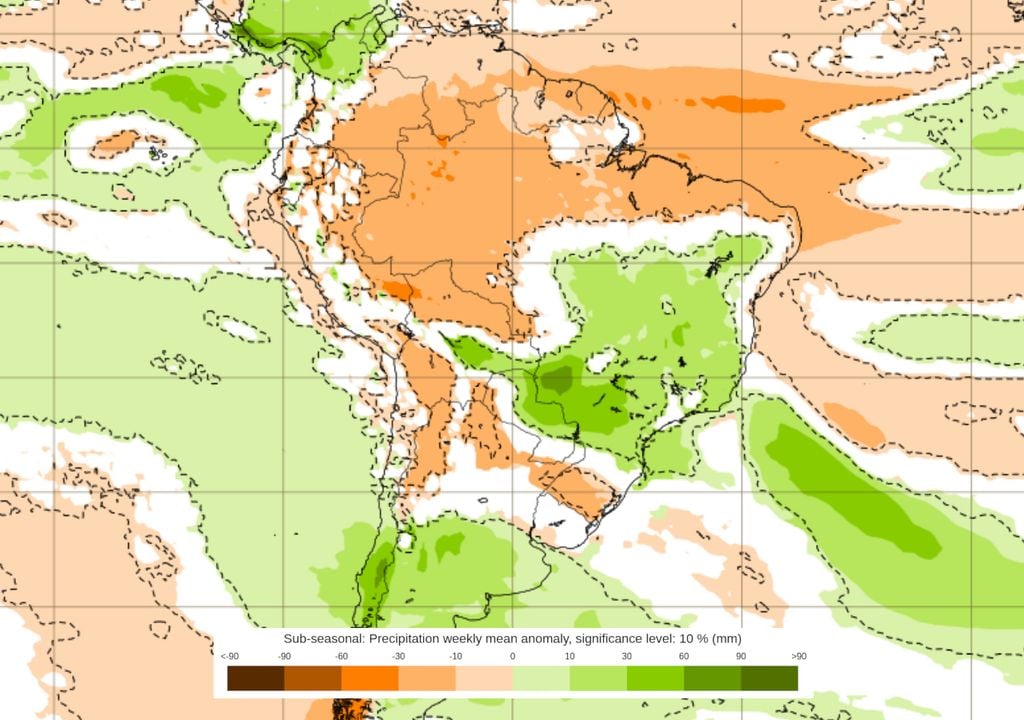 Previsão climática de anomalias de chuva entre os dias 2 e 9 de Fevereiro (modelo ECMWF)