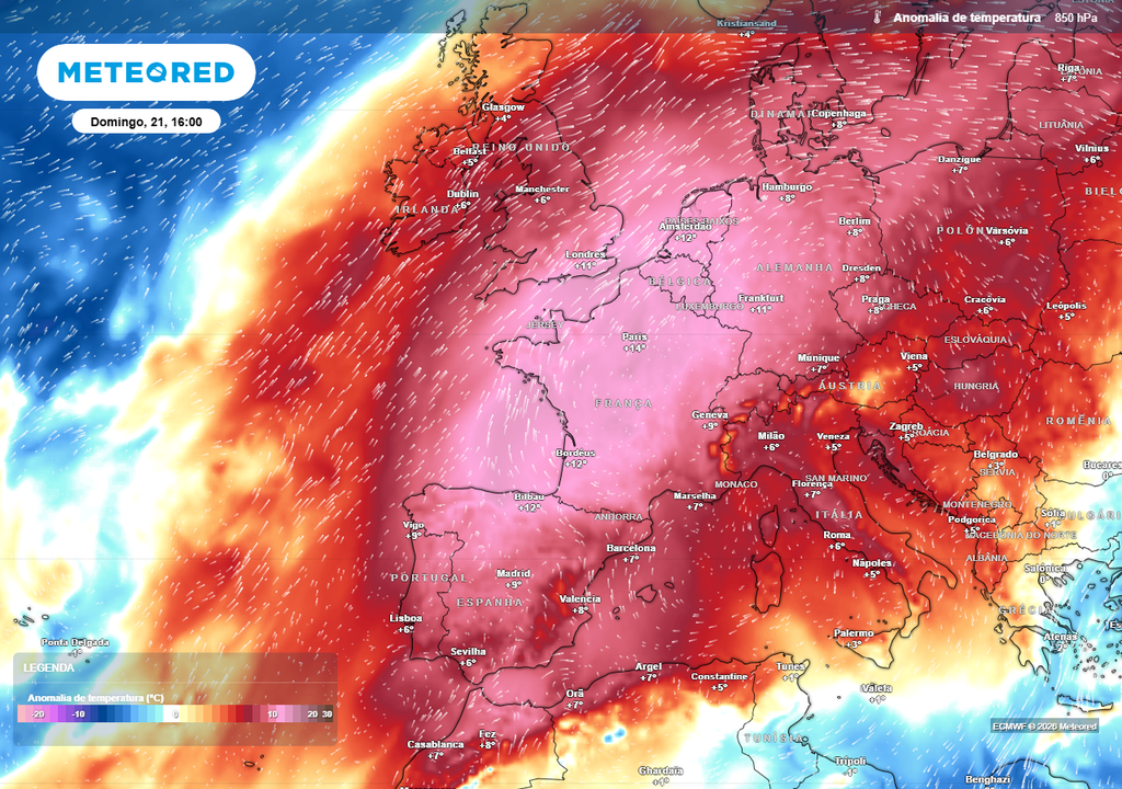 Uma massa de ar muito quente, impulsionada em direção à Península Ibérica e para vários outros países da Europa através de uma crista subtropical, poderá fazer disparar as temperaturas em várias regiões e em grande parte do continente.