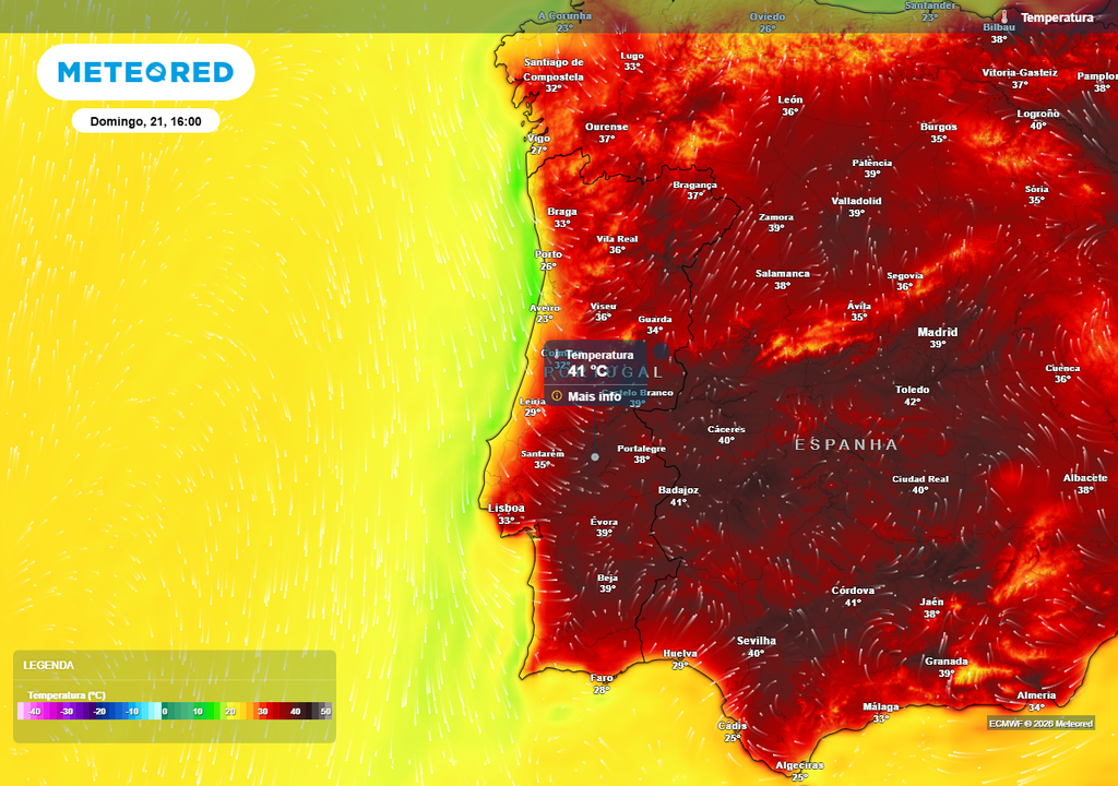 Este domingo, 21 de junho, não se descarta a possibilidade de serem atingidas temperaturas máximas próximas ou ligeiramente superiores ao patamar dos 40 ºC em diversas localidades de Portugal continental.