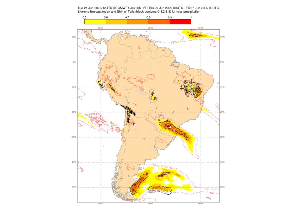 EFI do modelo ECMWF indica chuva extrema sobre os estados do Sul nesta quinta-feira (26). Créditos: ECMWF.