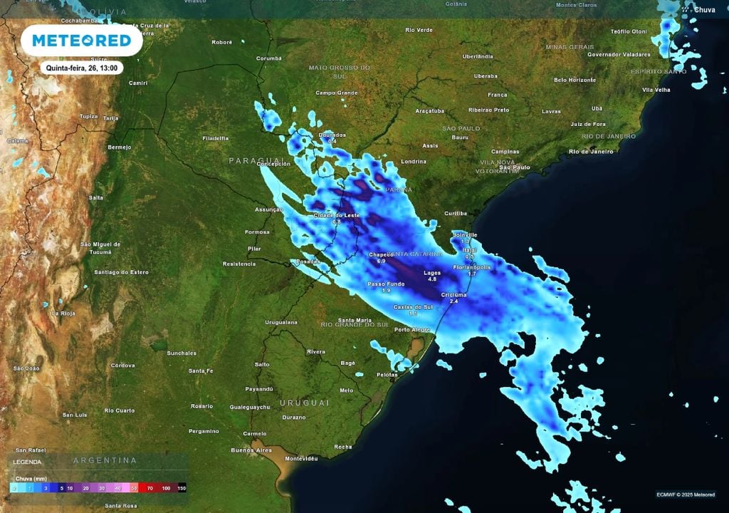 Previsão de chuva nesta quinta-feira (26), de acordo com o ECMWF.