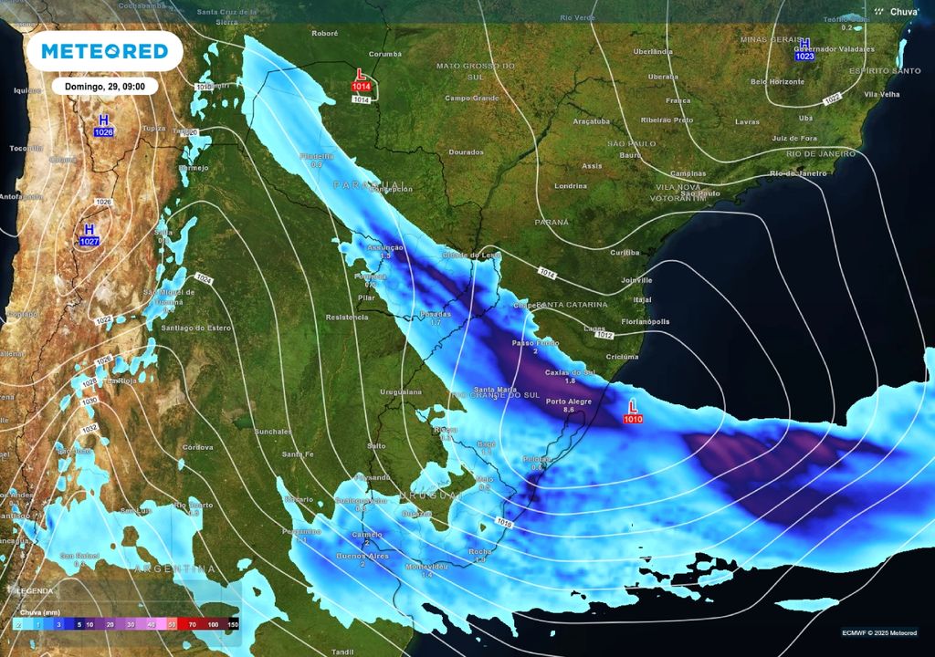 Previsão de frente fria com chuvas intensas neste domingo (29), de acordo com o ECMWF.