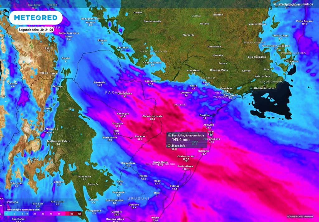 Previsão de chuva acumulada até segunda-feira (30), de acordo com o ECMWF.