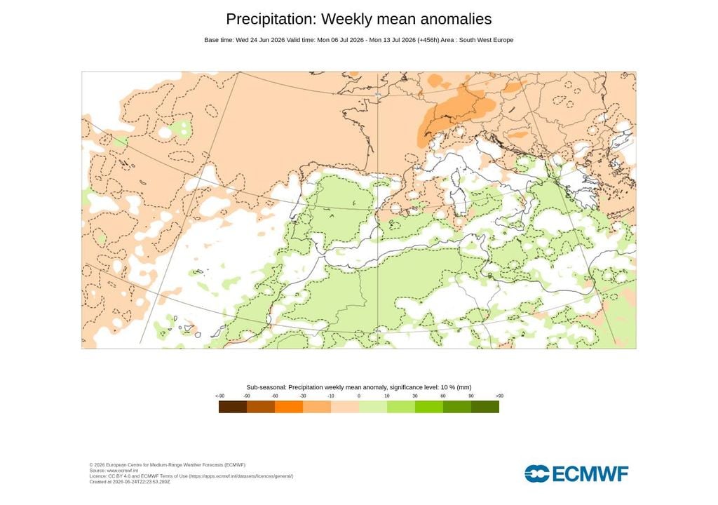 Anomalias de precipitação projetadas para a semana de 6 a 13 de julho no Sudoeste Europeu, segundo o modelo ECMWF.