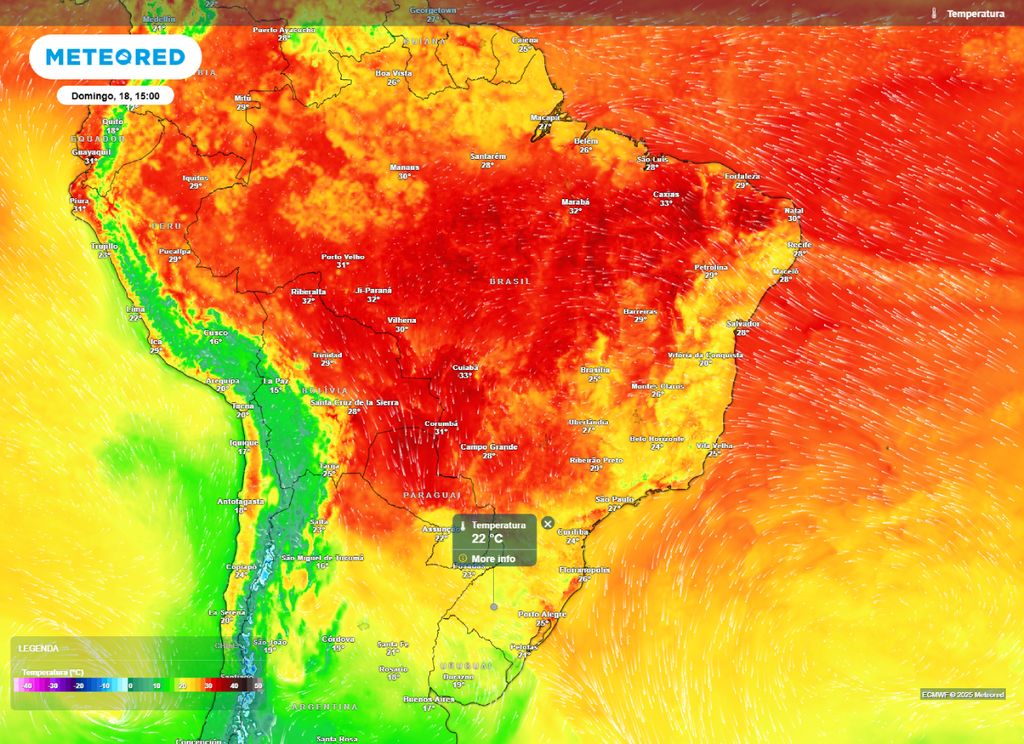 Temperatura máxima prevista para o Brasil na tarde de domingo (18), segundo o modelo ECMWF. Temperatura máxima prevista para o Brasil na tarde de domingo (18), segundo o modelo ECMWF.