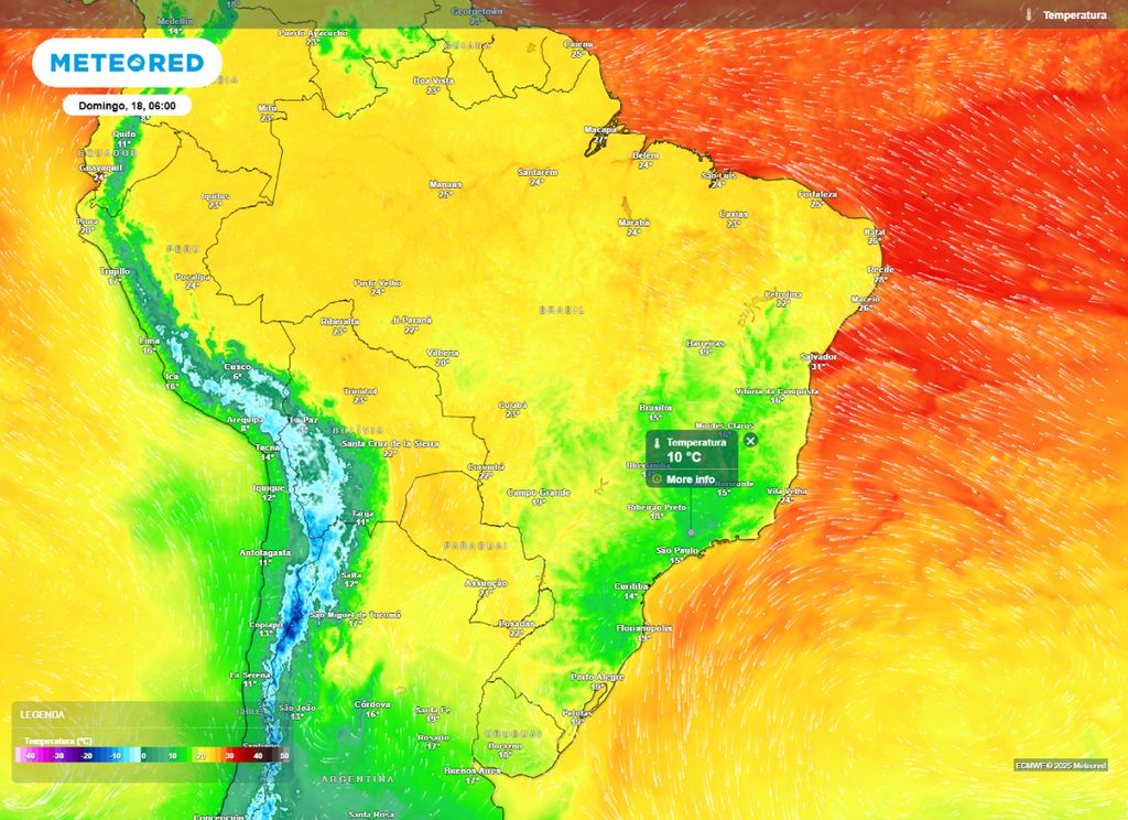 Temperatura mínima prevista para o Brasil na manhã de domingo (18), segundo o modelo ECMWF. Temperatura mínima prevista para o Brasil na manhã de domingo (18), segundo o modelo ECMWF.