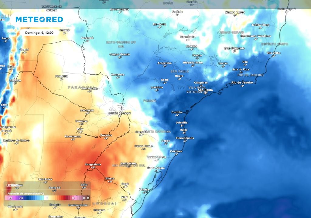 Previsão de anomalia de temperaturas em 850 hPa no domingo durante a manhã. Previsão de anomalia de temperaturas em 850 hPa no domingo durante a manhã.