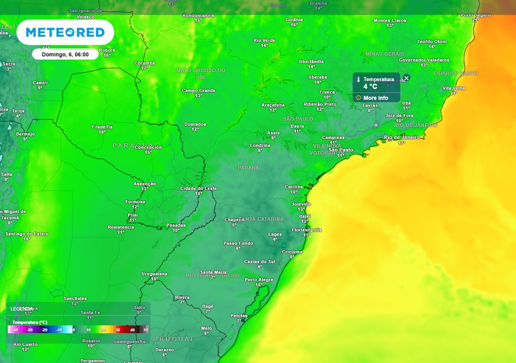 Previsão de temperaturas mínimas do domingo durante a manhã. Previsão de temperaturas mínimas do domingo durante a manhã.