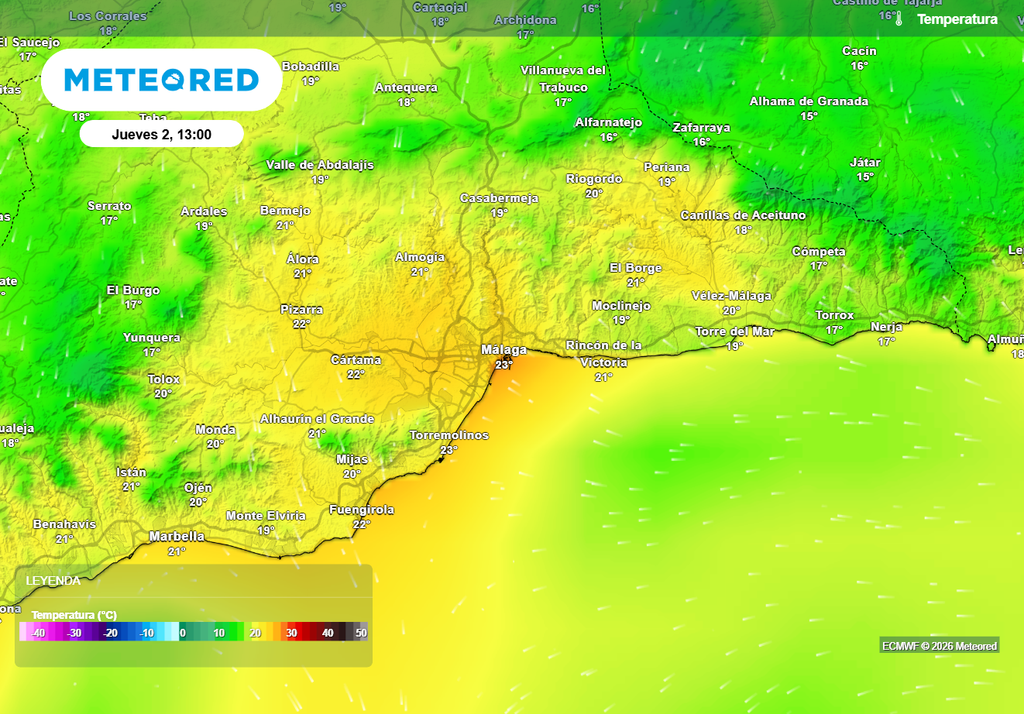 El Jueves Santo podrían rondar los 25 ºC en Málaga, al soplar el terral a primeras horas. Después entrarán las brisas.