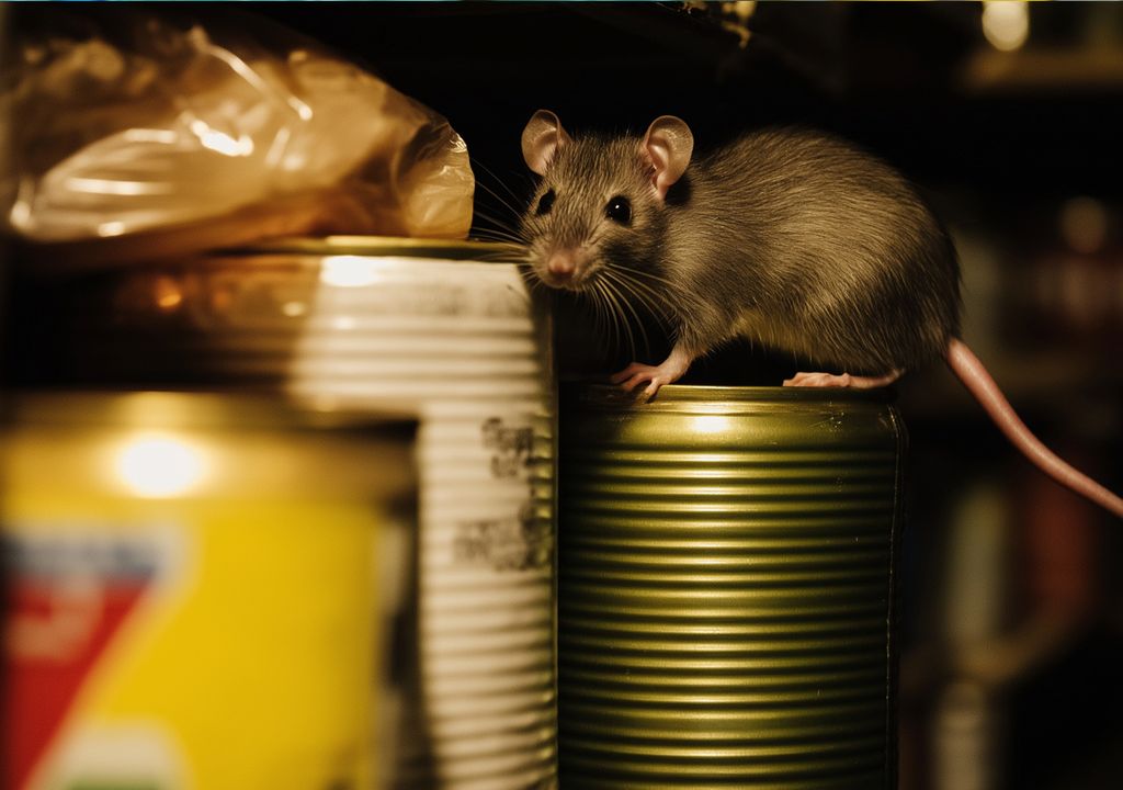 rato em cima de latas de comida