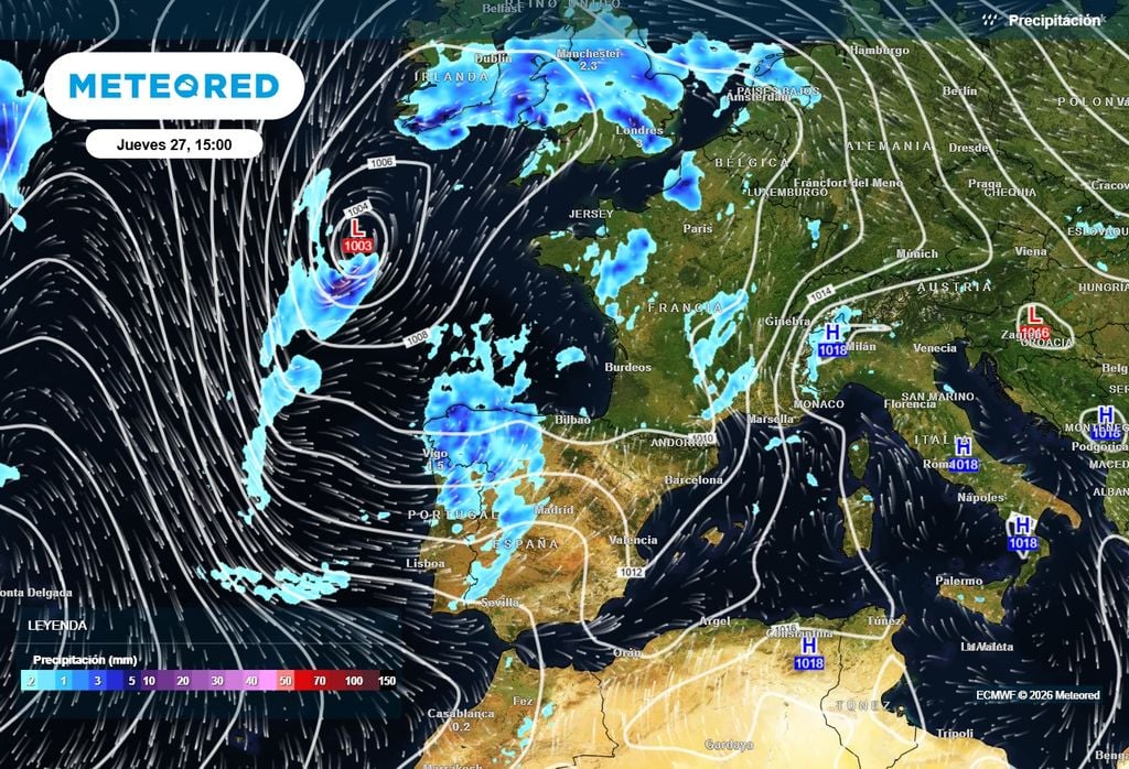Varios frentes cruzarán la España peninsular en las próximas horas, dejando precipitaciones en el norte y oeste.