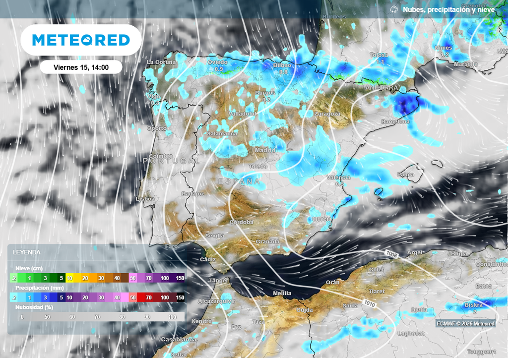 Mañana las precipitaciones más cuantiosas se concentrarán en el tercio norte, extendiéndose a puntos del Mediterráneo.