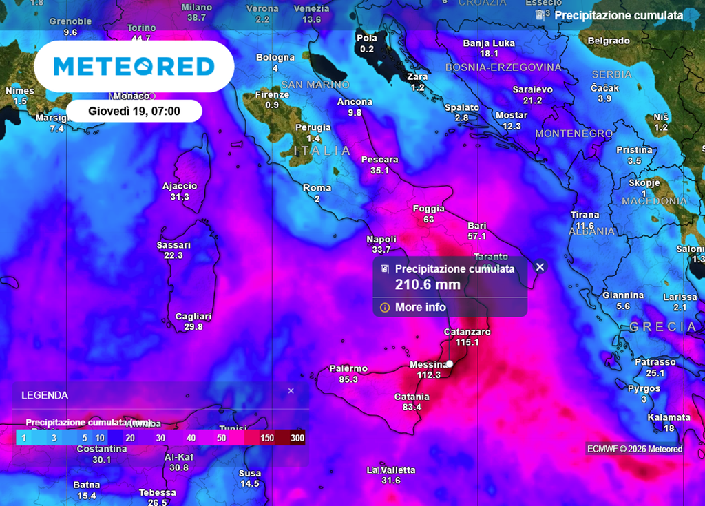 Precipitazioni cumulate previste sulle regioni del Sud tra domenica 15 e mercoledì 18 marzo: oltre 200 mm in Calabria e Basilicata.