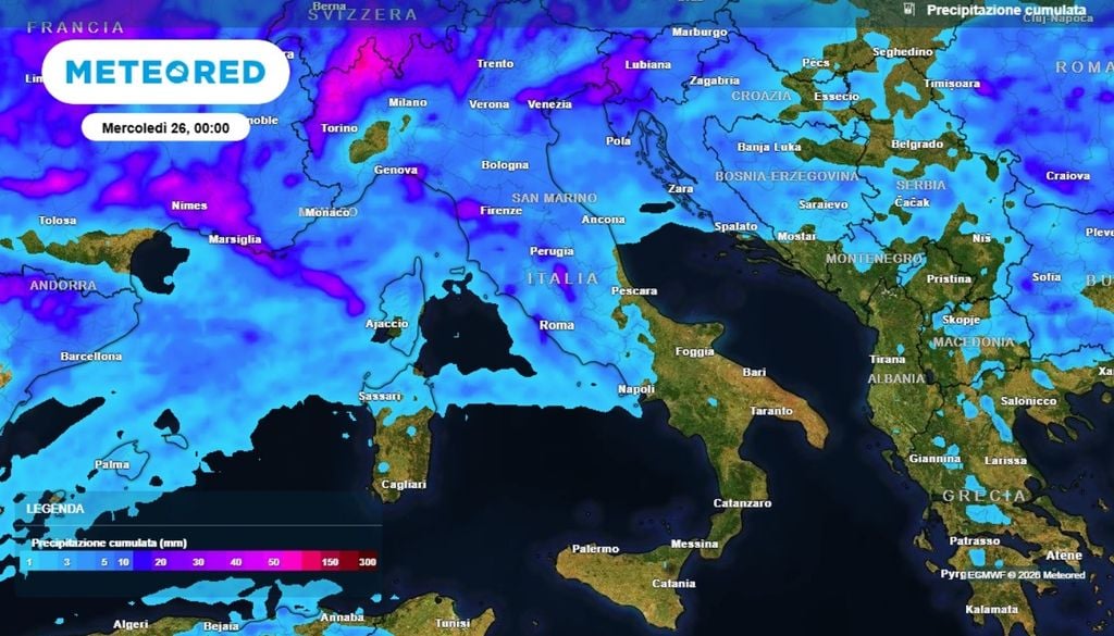 Precipitazioni accumulate attese entro la giornata di domani, martedì 25 agosto 2026. ECMWF-MeteoRed