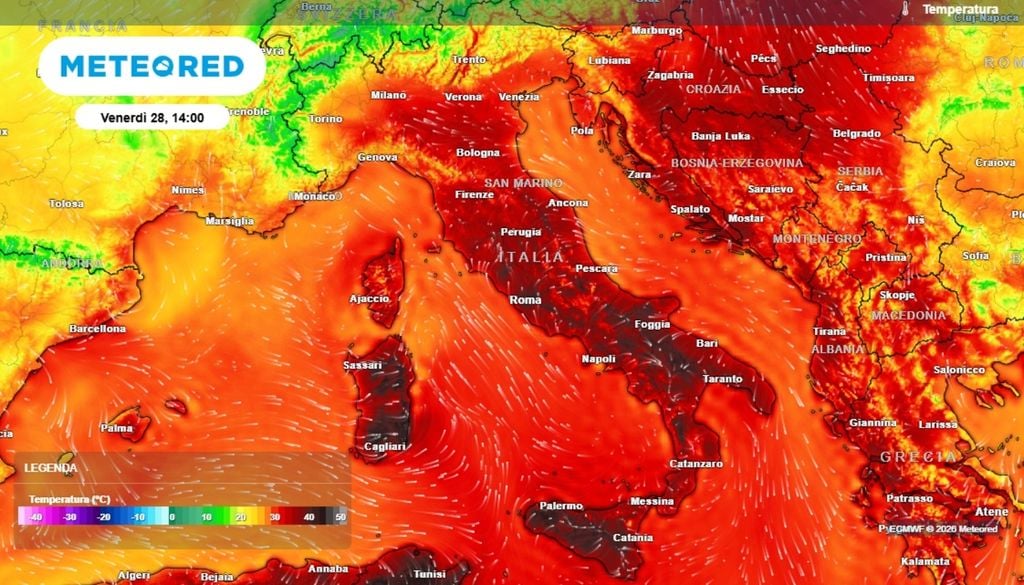 Il gran caldo previsto per i prossimi giorni. Temperature di venerdì pomeriggio ore 14. Mappe ECMWF-MeteoRed