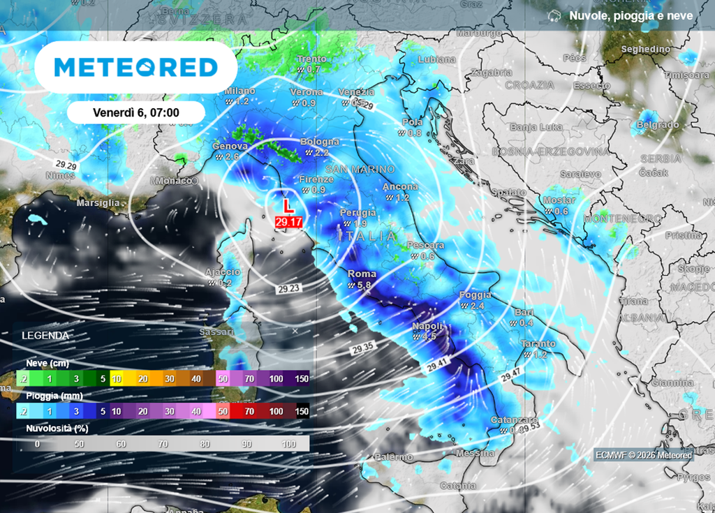 maltempo italia Forte maltempo sull'Italia nella giornata di venerdì 6 febbraio: particolarmente colpito il Tirreno.