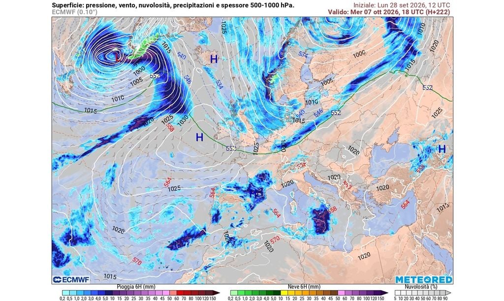 Il modello europeo ECMWF mostra la perturbazione in ingresso sul Sud martedì 6 ottobre, con la Sicilia tra le zone più esposte.