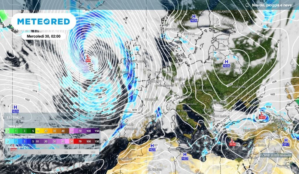 La situazione meteo in Europa prevista per mercoledì 30 settembre 2026: un grosso fronte atlantico porterà piogge dalla Spagna alla Francia e fino alle Isole Britanniche. Italia all'asciutto.