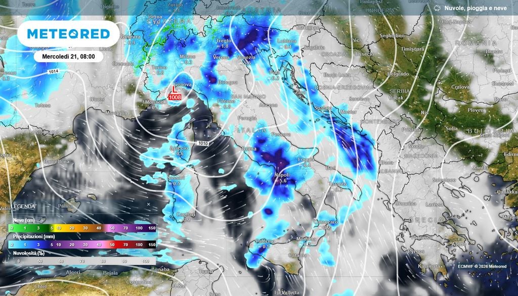 Piogge colpiranno l'Italia da nord a sud nella giornata di mercoledì 21 ottobre.