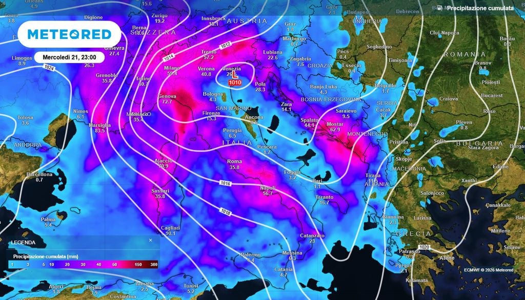 Le piogge cumulate previste sull'Italia nella giornata di mercoledì 21: attenzione, in molte regioni ci saranno accumuli anche superiori ai 50 mm in poche ore. Picchi di 100 mm nel nord-ovest.