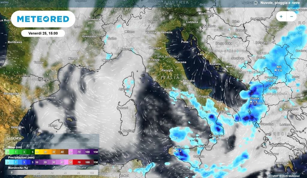 Il maltempo al centro-sud. Sarà nel primo pomeriggio di venerdì che il fulcro del maltempo raggiungerà le regioni meridionali.