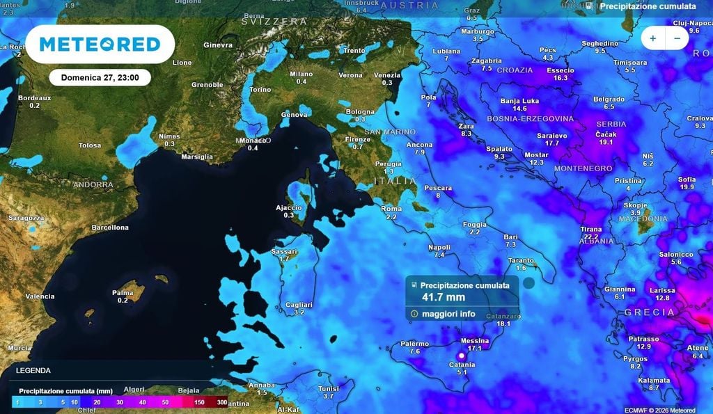 Precipitazione cumulata Entro la fine della settimana a ridosso delle cime dell'Etna sono previsti accumuli di pioggia oltre i 40 mm.