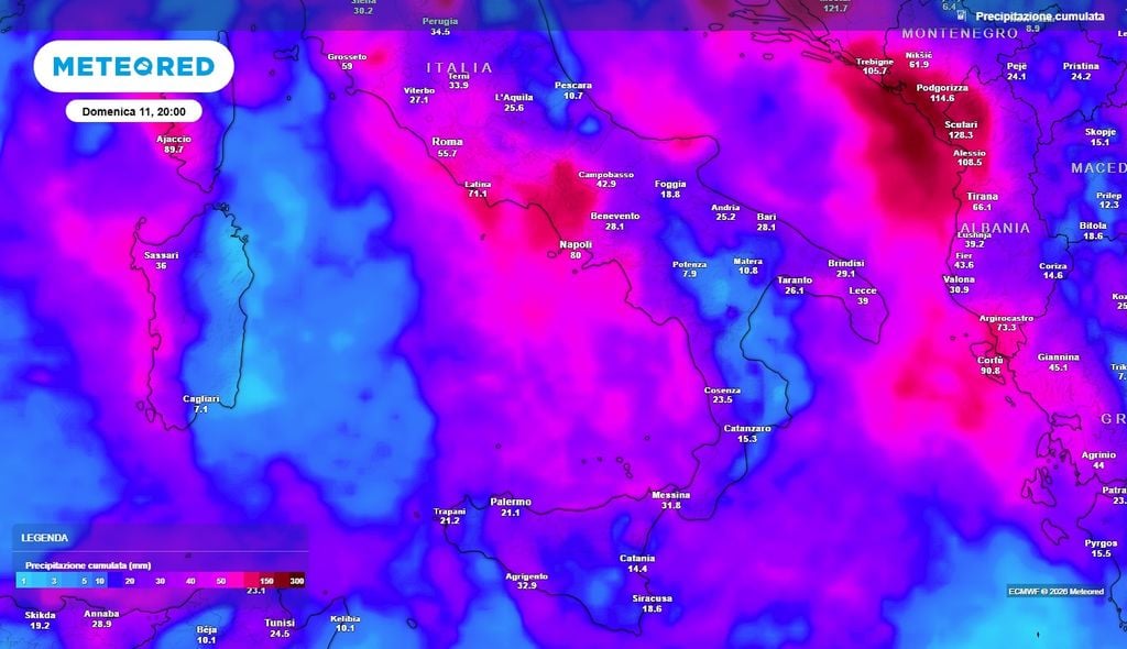 Fino a 100 millimetri in Campania, accumuli più contenuti altrove Gli accumuli totali entro il weekend: Campania presa in pieno