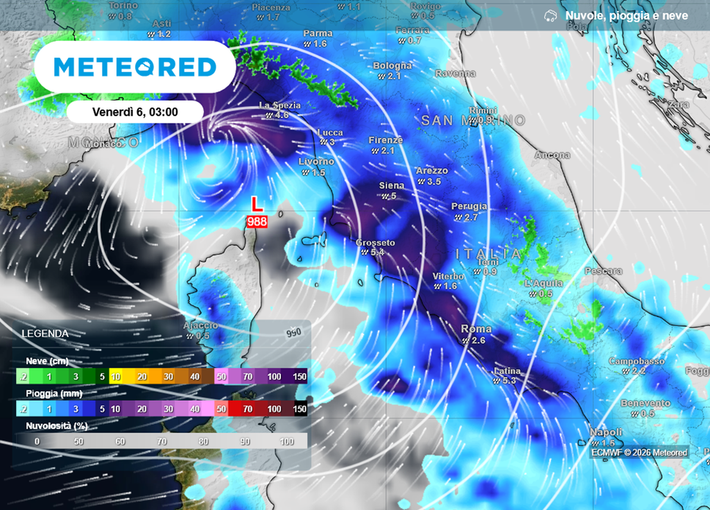 Venerdì 6 febbraio una ulteriore ondata di maltempo porterà forti temporali sul Tirreno.
