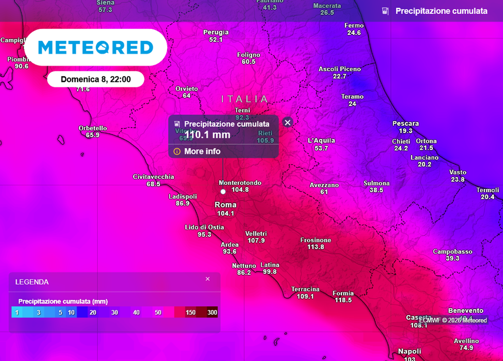 Il modello europeo prevede oltre 100 mm di pioggia su Roma e Lazio entro domenica 8 febbraio.