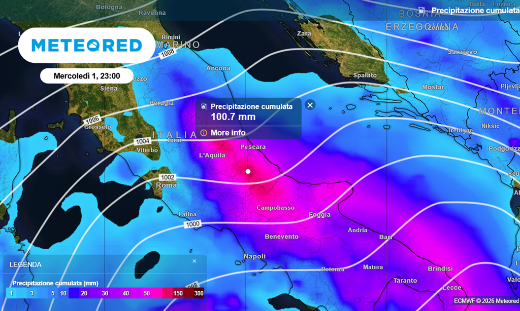 Piogge copiose sono attese in questo mercoledì 1 aprile su Abruzzo e Molise.