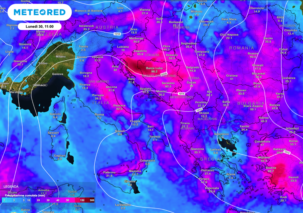 Accumuli di pioggia previsti entro lunedì. Accumuli di pioggia previsti entro lunedì.