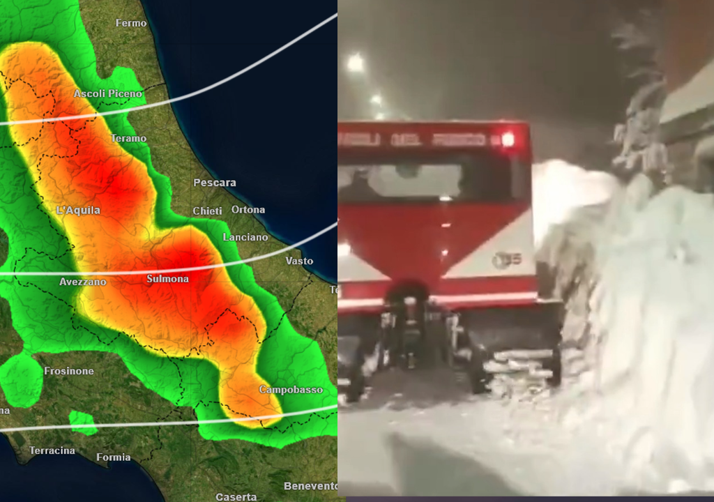 Forte maltempo con neve record su Abruzzo e Molise: la mappa degli accumuli nevosi di Meteored, a sinistra, e a destra un momento dei soccorsi in una zona dell'Appennino, in una foto dei Vigili del Fuoco.