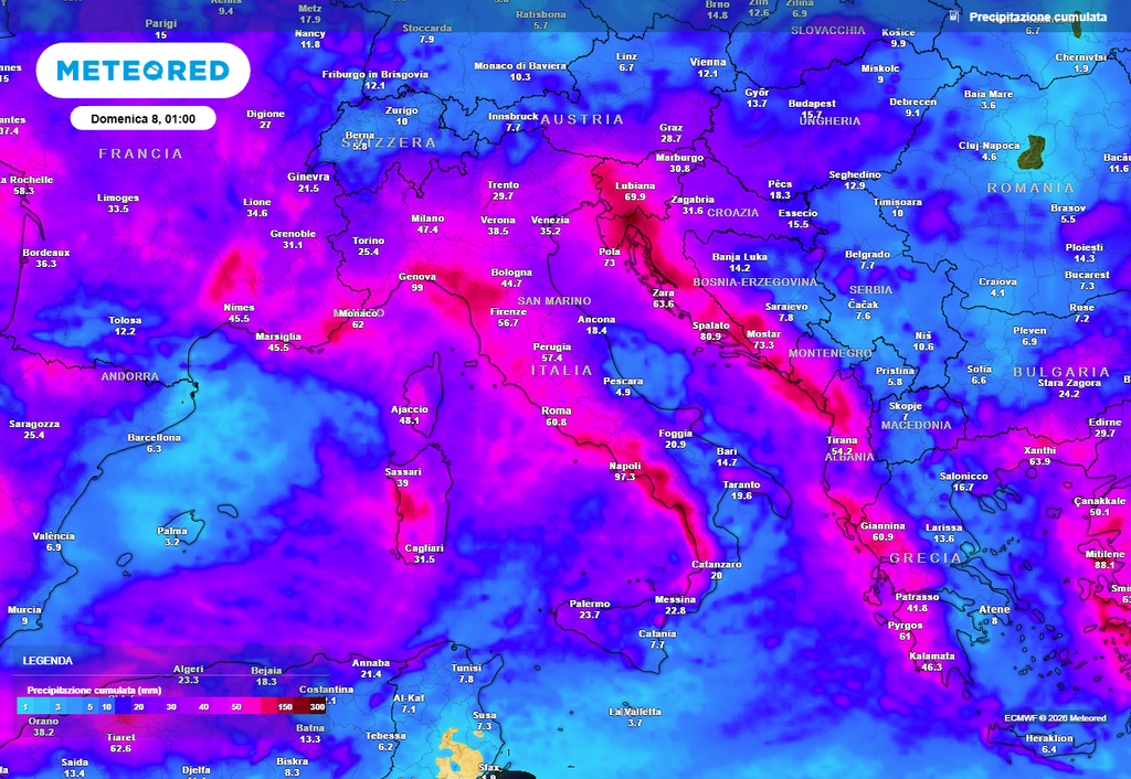 Gli accumuli totali di pioggia sull'Italia Pioggia con accumuli fino a 100 millimetri previsti dal nostro modello