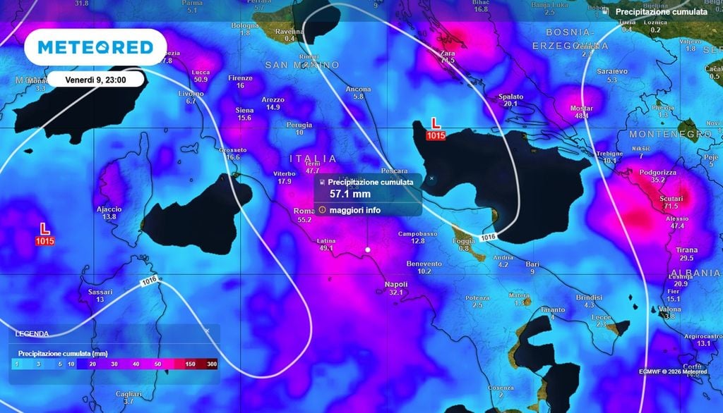 Piogge fino a 60 mm sono previste nell'intera giornata di venerdì 9 ottobre sul settore tirrenico di Lazio e Campania. Potranno cadere anche nel giro di poco tempo.