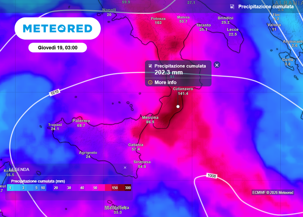 Oltre 200 mm di pioggia previsti dal modello europeo in Calabria.